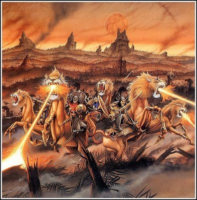Y así vi los caballos en visión, y los que sobre ellos estaban sentados, los cuales tenían corazas de fuego, de jacinto, y de azufre. Y las cabezas de los caballos eran como cabezas de leones; y de la boca de ellos salía fuego y humo y azufre.